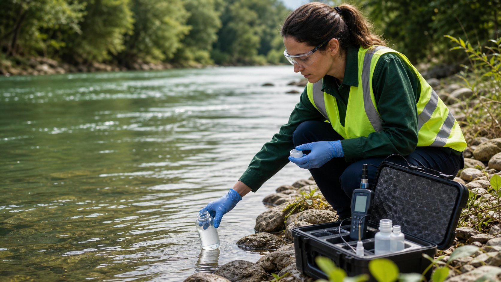 Coleta de amostra em rio para análise de efluentes